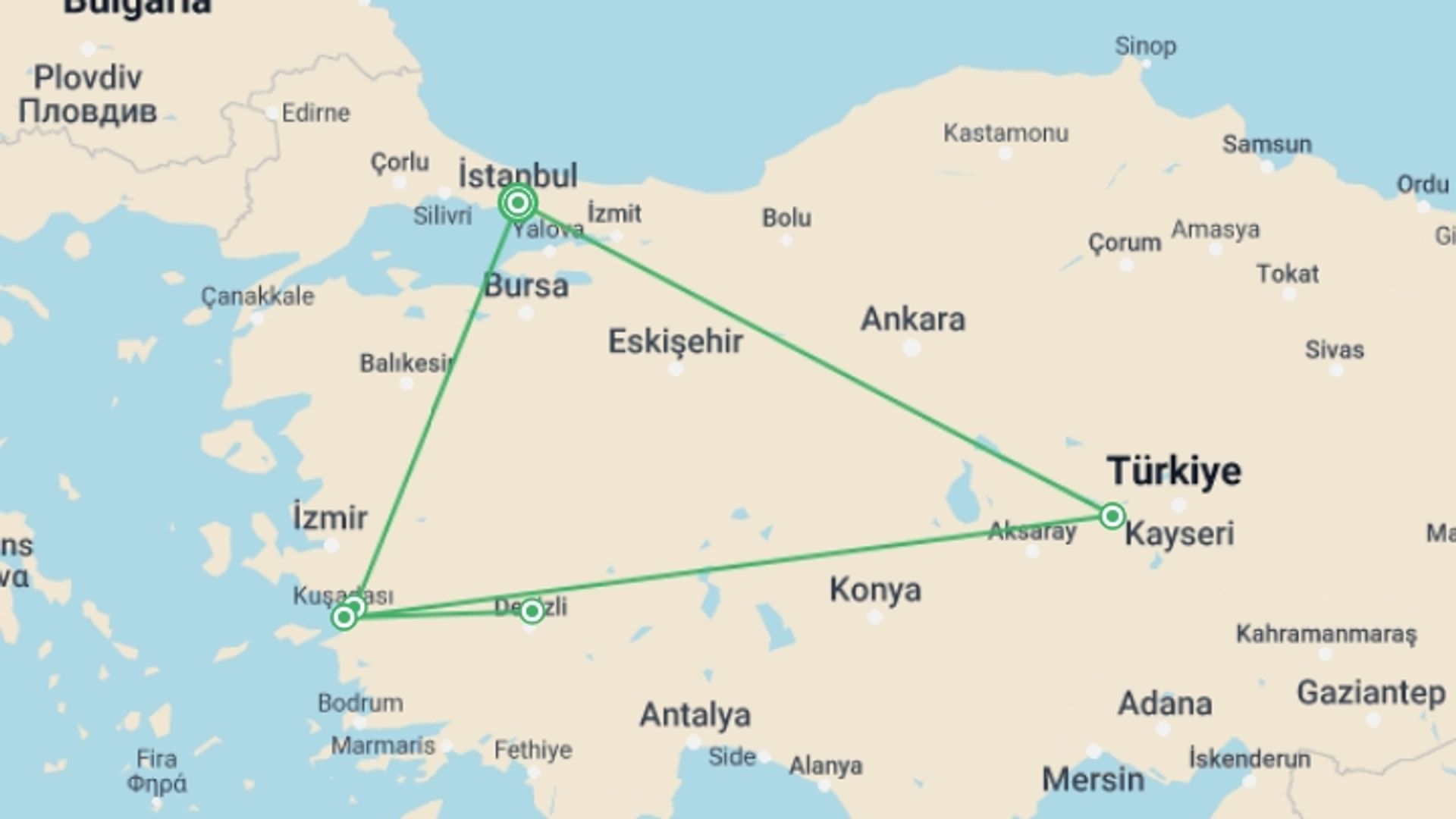 A map showing the tour itinerary for the trip: Magnificent Turkey, starting in Istanbul, Turkey and ending in Istanbul, Turkey going through 2 other destinations.