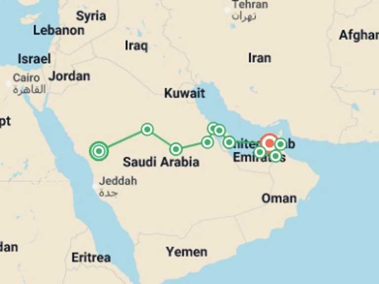 Map of Asia Tour with 11 destination visits for the trip: Arabic dream and pearls of the Persian Gulf