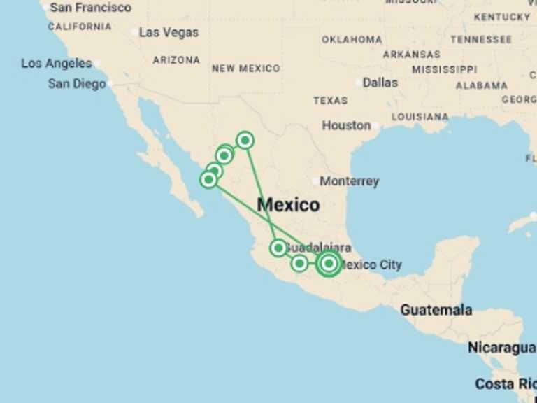 Map itinerary of North America Tour in February 2027 with 8 destination visits for the trip: Center and North: Mexico in Two Destinations