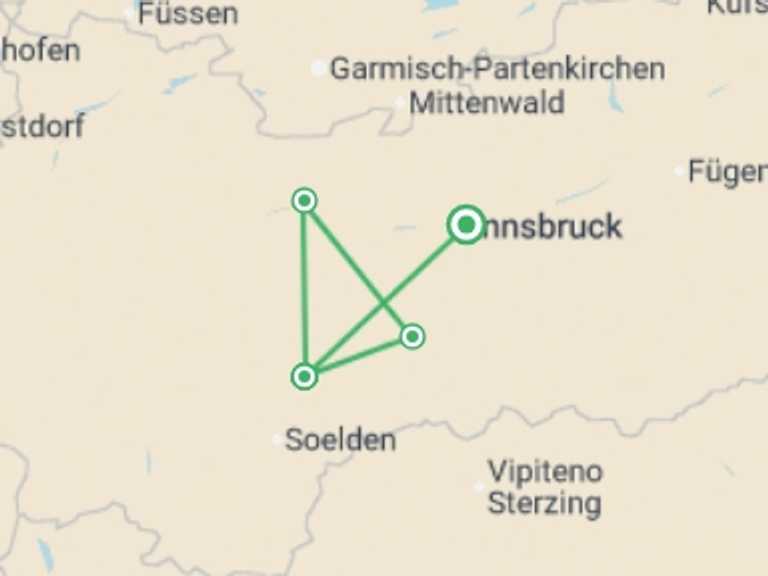 Map itinerary of Europe Tour in Fall with 4 destination visits for the trip: Alpine Walks in the Stubai Valley