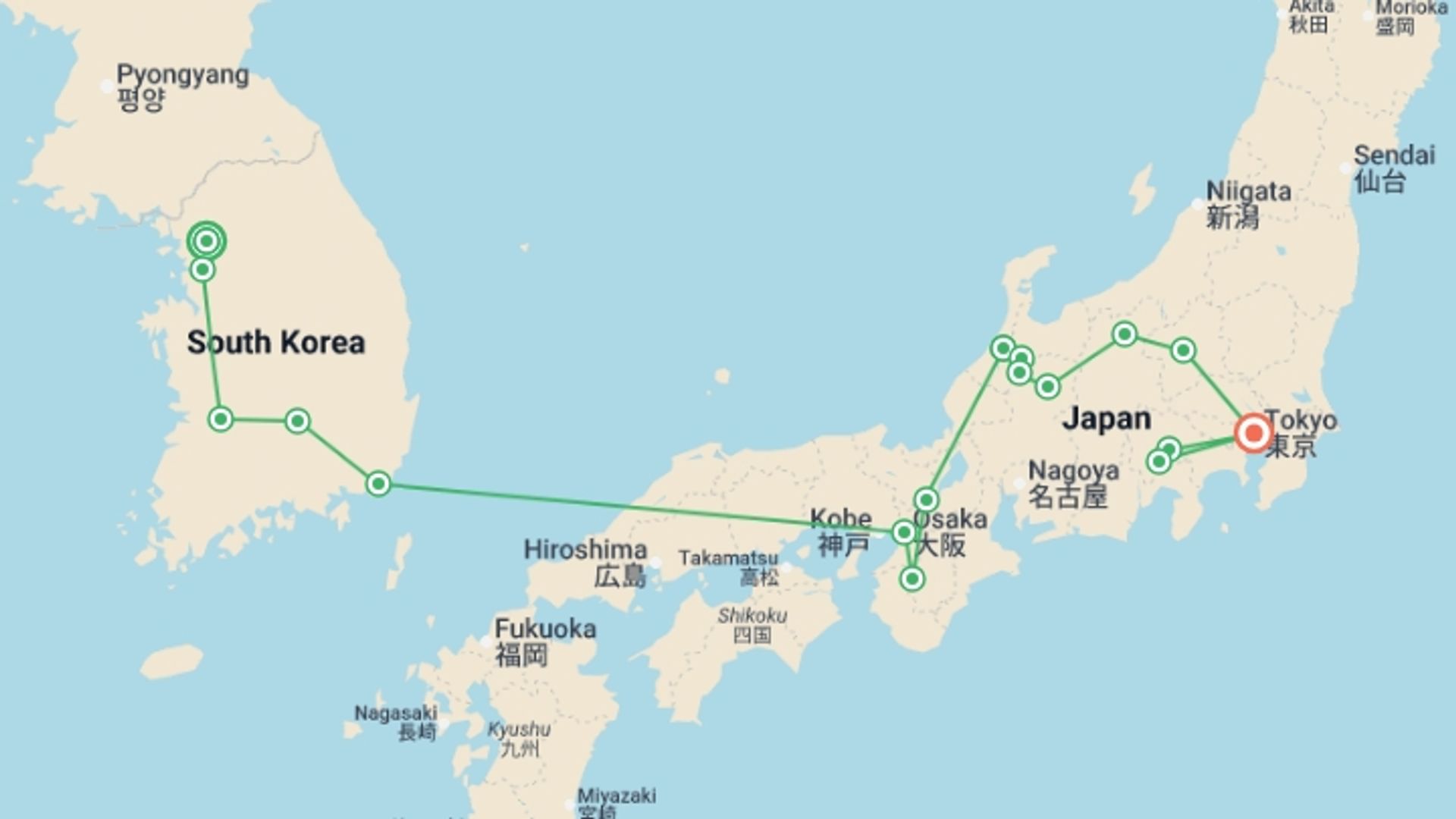 A map showing the tour itinerary for the trip: Korean Landscapes and Japan with Mount Fuji, starting in Seoul, South Korea and ending in Tokyo, Japan going through 9 other destinations.