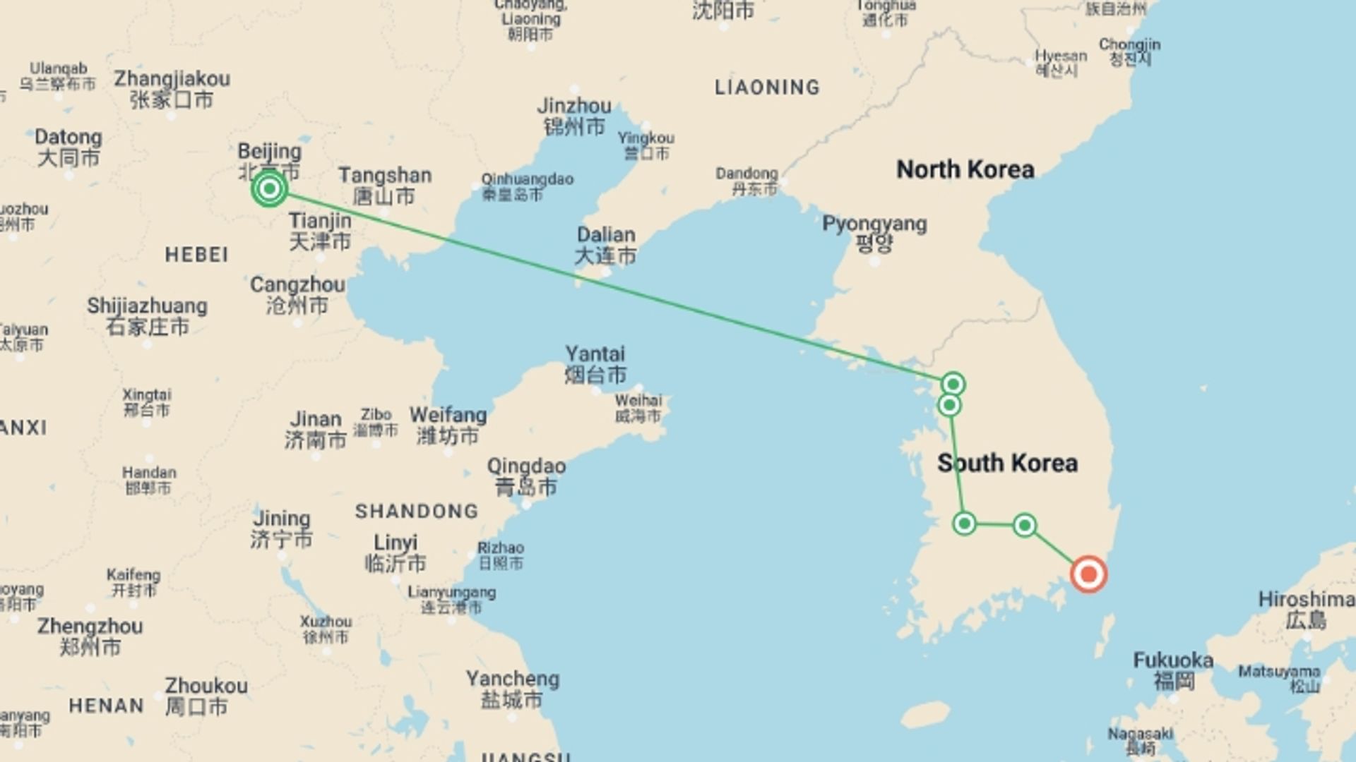 A map showing the tour itinerary for the trip: Beijing, Seoul, and Busan, starting in Beijing, China and ending in Busan, South Korea going through 2 other destinations.