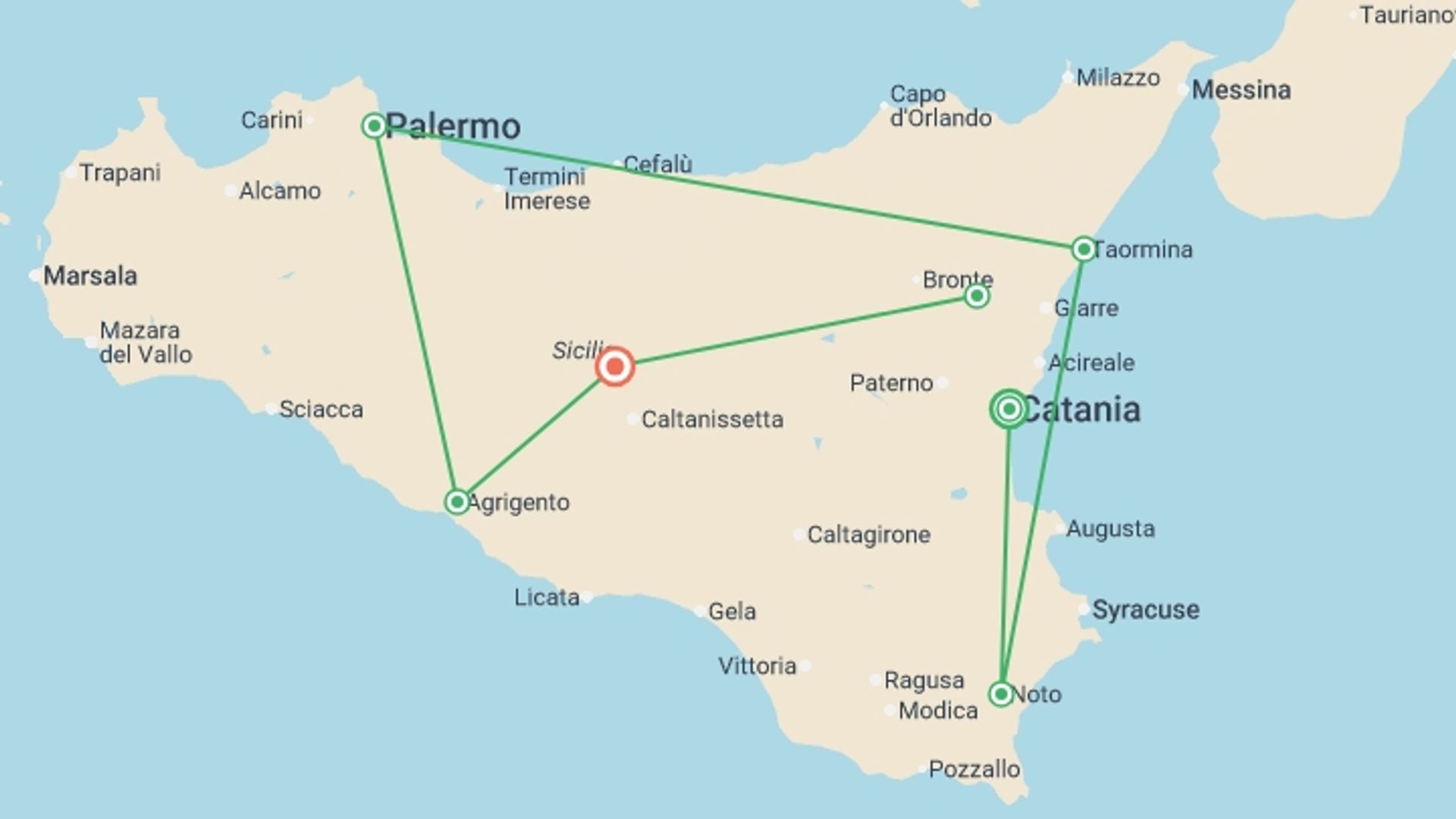 A map showing the tour itinerary for the trip: Treasures of Sicily, starting in Catania, Italy and ending in Catania, Italy going through 6 other destinations.