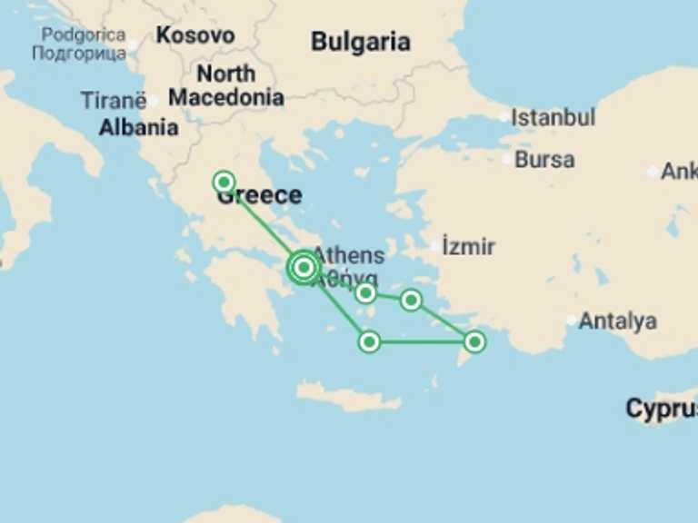 Map of Europe Tour with 6 destination visits for the trip: Highlights of Greece & the Aegean - 10 days
