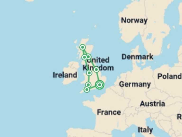 Map itinerary of Europe Tour in June 2026 with 8 destination visits for the trip: Best of Britain