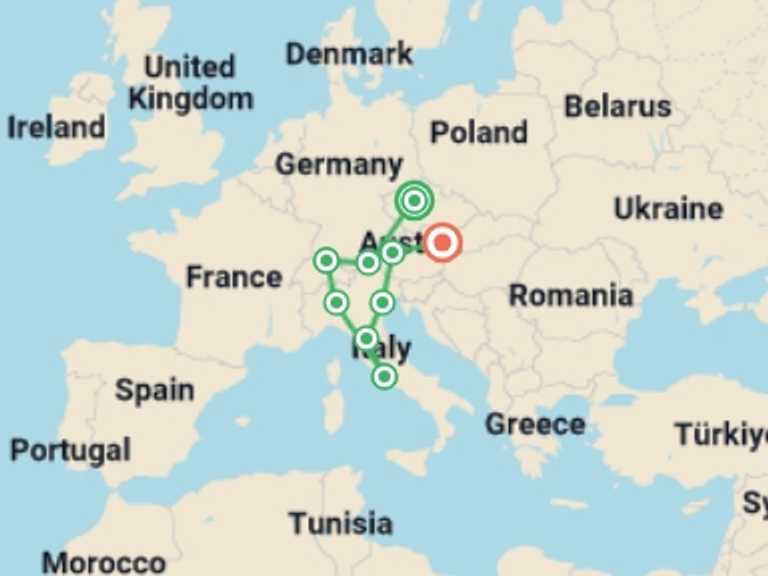 Map itinerary of Europe Tour in Fall with 9 destination visits for the trip: Central Europe GO