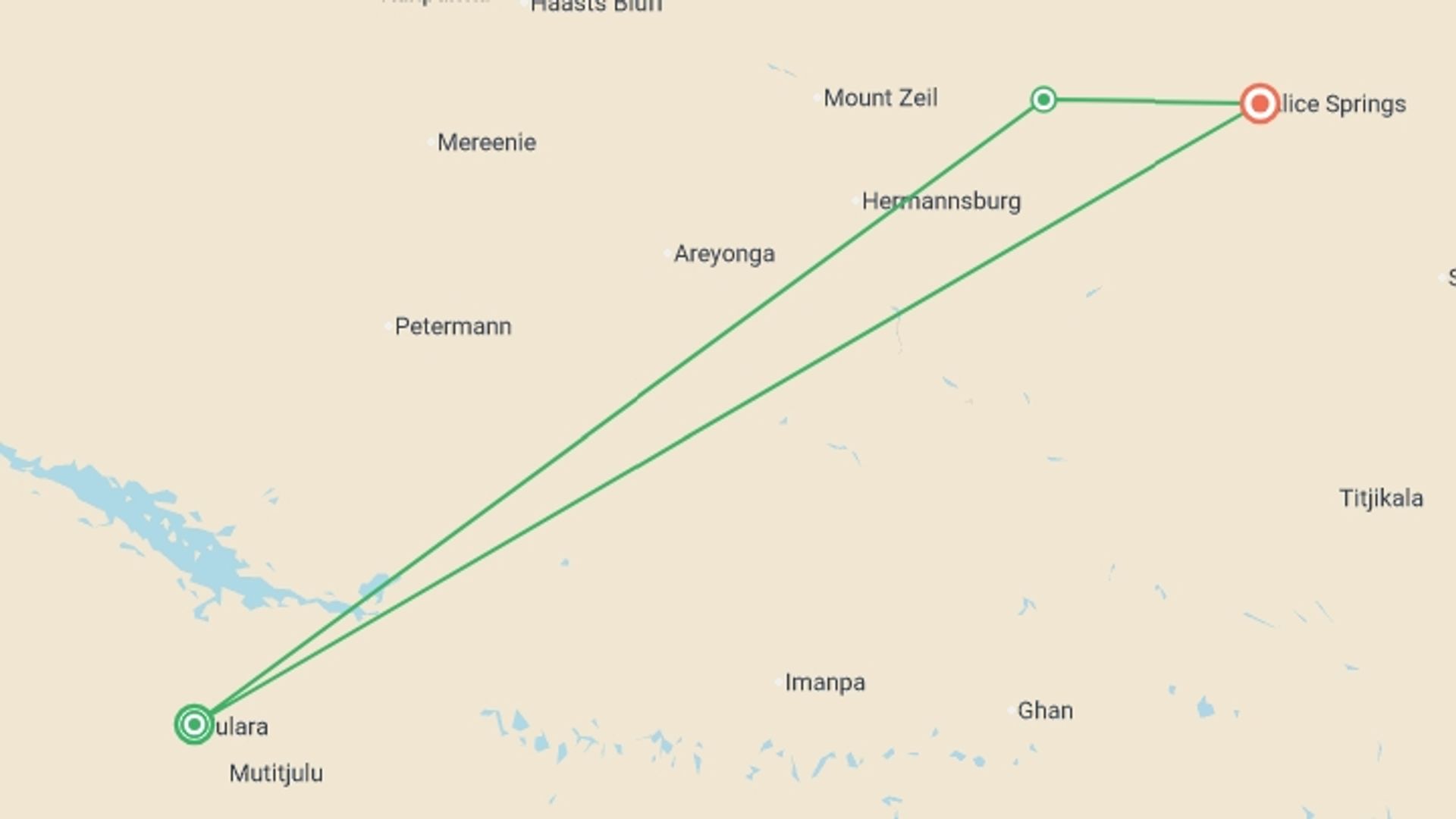 A map showing the tour itinerary for the trip: Central Australia & Uluru Family Holiday, starting in Yulara, Australia and ending in Alice Springs, Australia going through 1 other destinations.