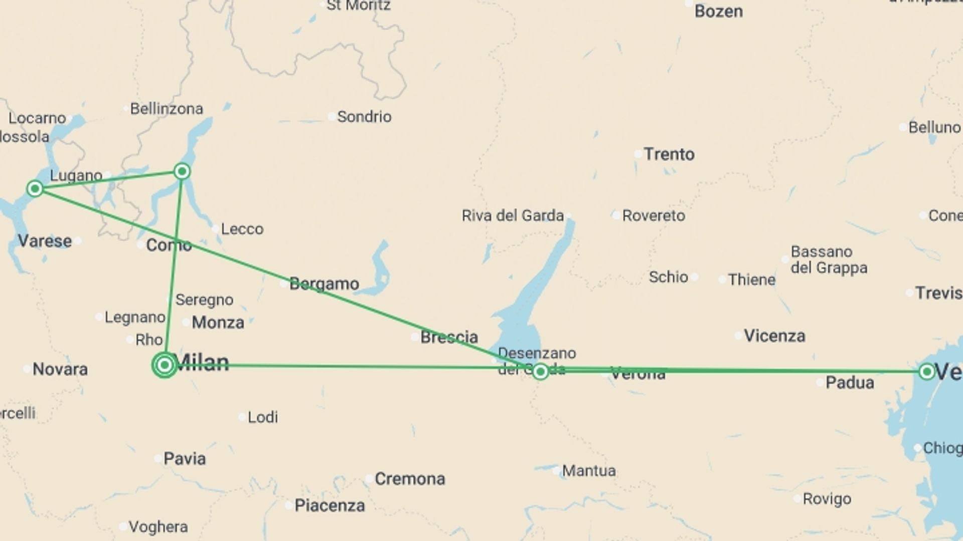 A map showing the tour itinerary for the trip: Italian Lakes & Northern Gems Escape, starting in Milan, Italy and ending in Milan, Italy going through 4 other destinations.