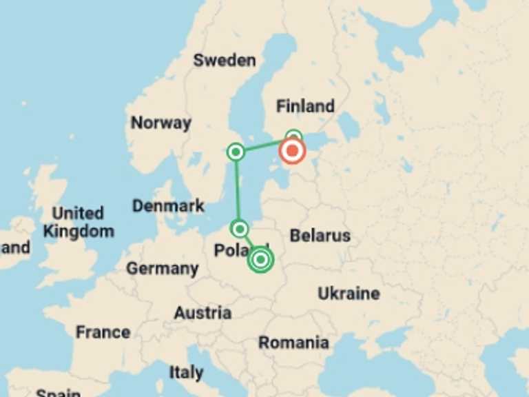 Map itinerary of Warsaw Tour in Fall with 6 destination visits for the trip: Heading North End Tallinn