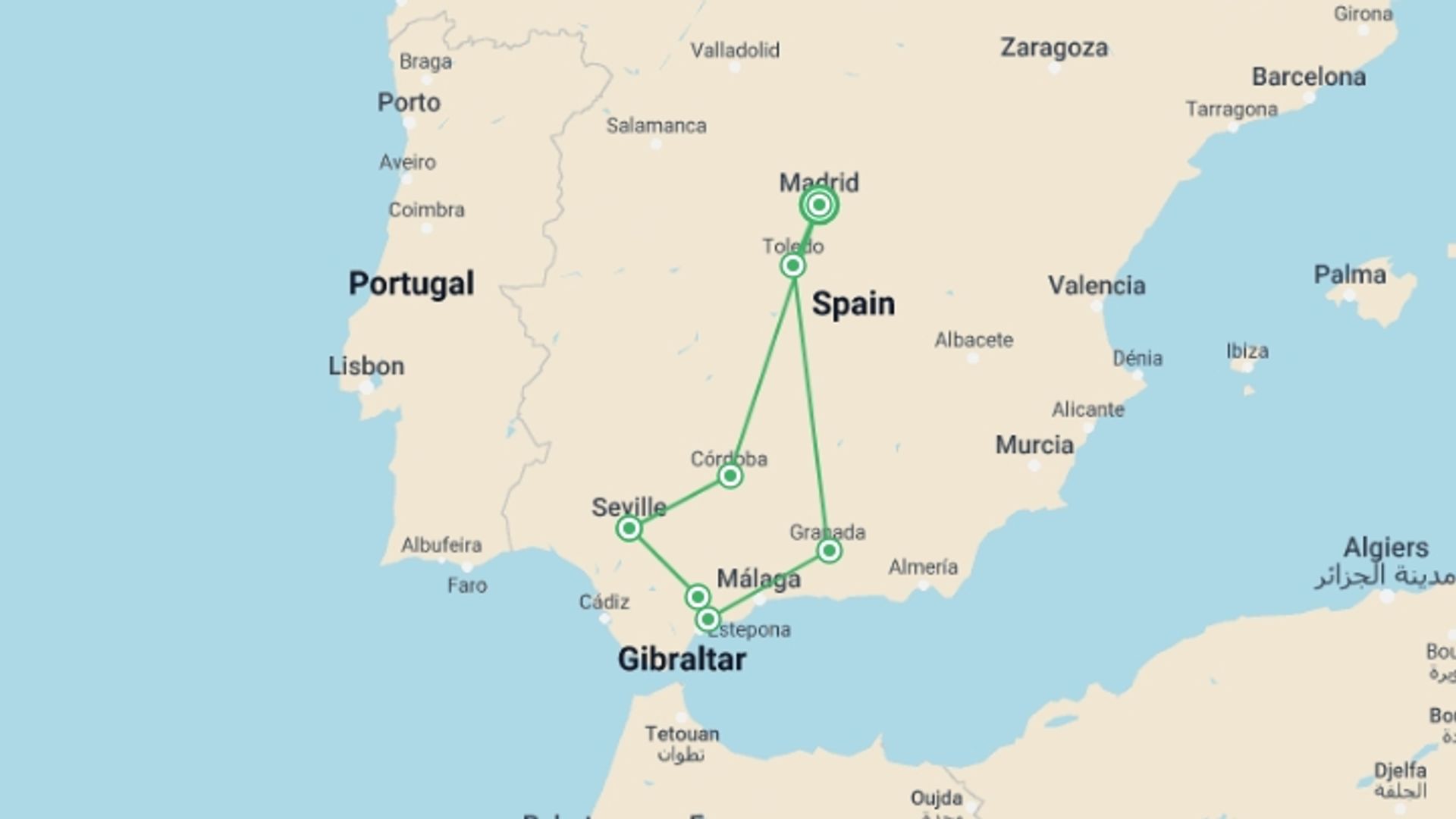 A map showing the tour itinerary for the trip: Andalusia With Costa Del Sol & Toledo, starting in Madrid, Spain and ending in Madrid, Spain going through 3 other destinations.