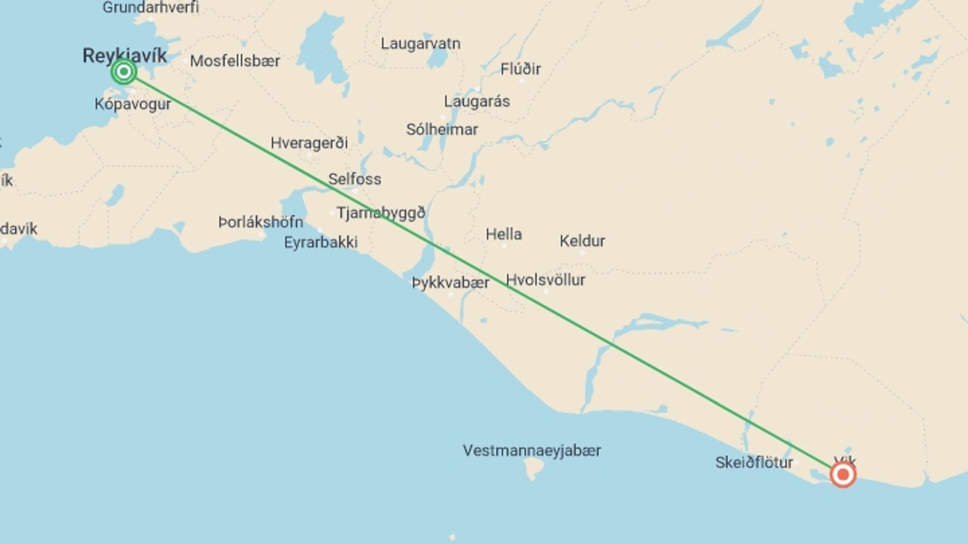 A map showing the tour itinerary for the trip: Iconic Iceland, starting in Reykjavik, Iceland and ending in Vik, Iceland going through 0 other destinations.