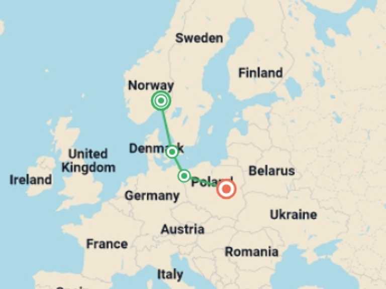 Map of Scandinavia Tour with 4 destination visits for the trip: Oslo, Copenhagen and Poland