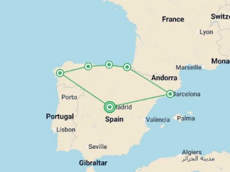 Map itinerary of Mediterranean Tour in October 2026 with 6 destination visits for the trip: Northern Spain
