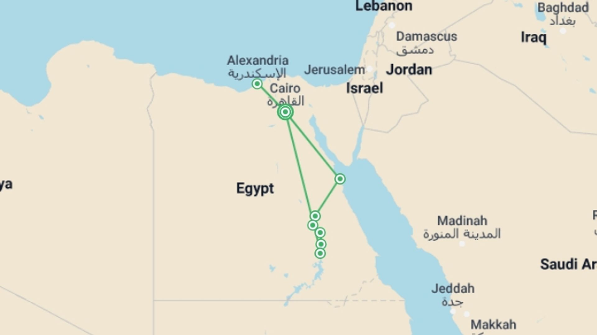 A map showing the tour itinerary for the trip: Egypt: Among Temples and Tombs, starting in Cairo, Egypt and ending in Cairo, Egypt going through 4 other destinations.