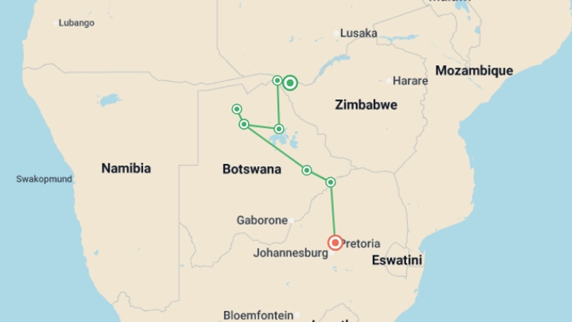 A map showing the tour itinerary for the trip: 7-day Okavango Wilderness Trail Accommodated, starting in Victoria Falls, Zimbabwe and ending in Pretoria, South Africa going through 5 other destinations.