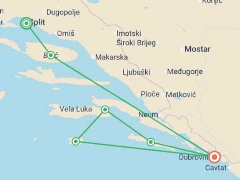 Map of a Adventure and sport Tour with 6 destination visits for the trip: Croatia Sailing Adventure: Split to Dubrovnik
