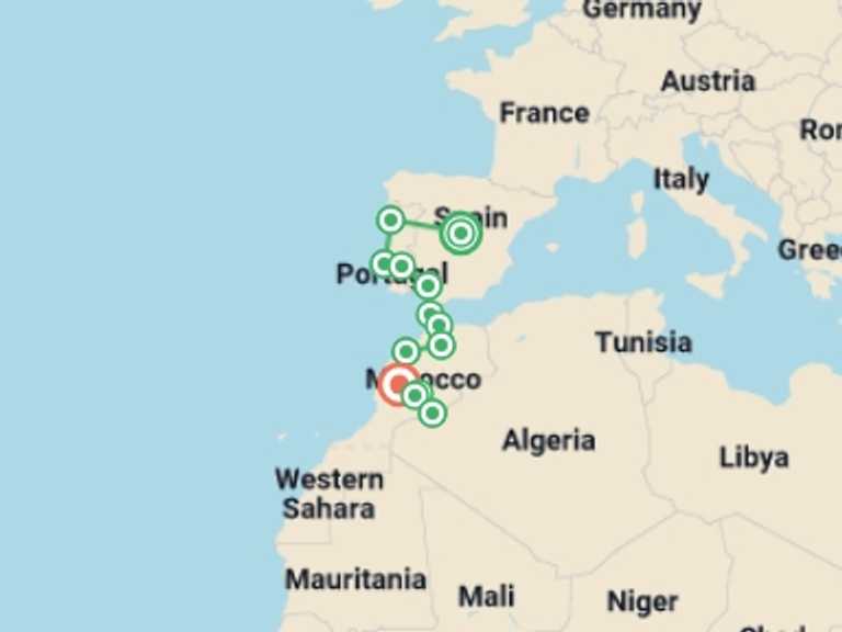 Map itinerary of Lisbon Tour in November 2026 with 13 destination visits for the trip: Spain, Portugal & Morocco: North to South with Marrakech