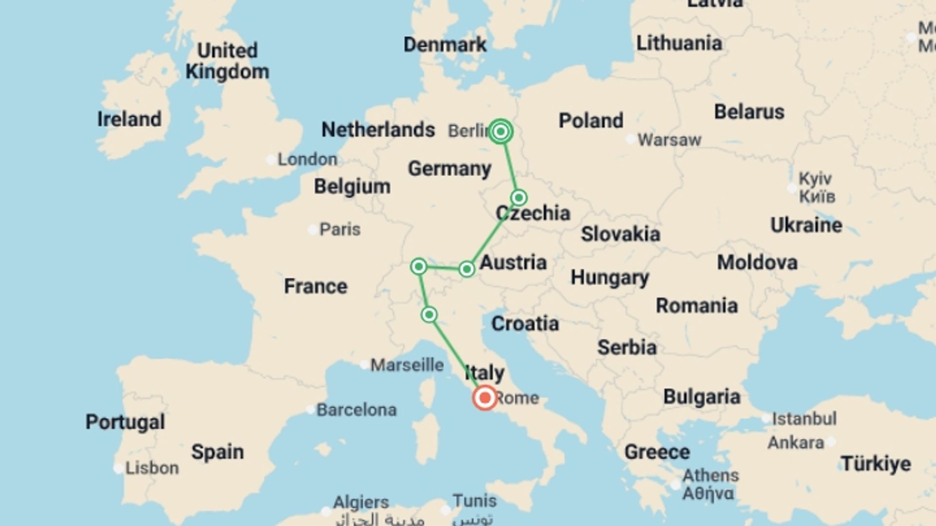 A map showing the tour itinerary for the trip: From Berlin to Rome GO, starting in Berlin, Germany and ending in Rome, Italy going through 4 other destinations.