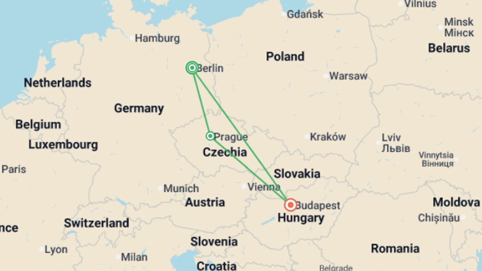 A map showing the tour itinerary for the trip: Sziget Festival Road Trip, starting in Berlin, Germany and ending in Budapest, Hungary going through 0 other destinations.
