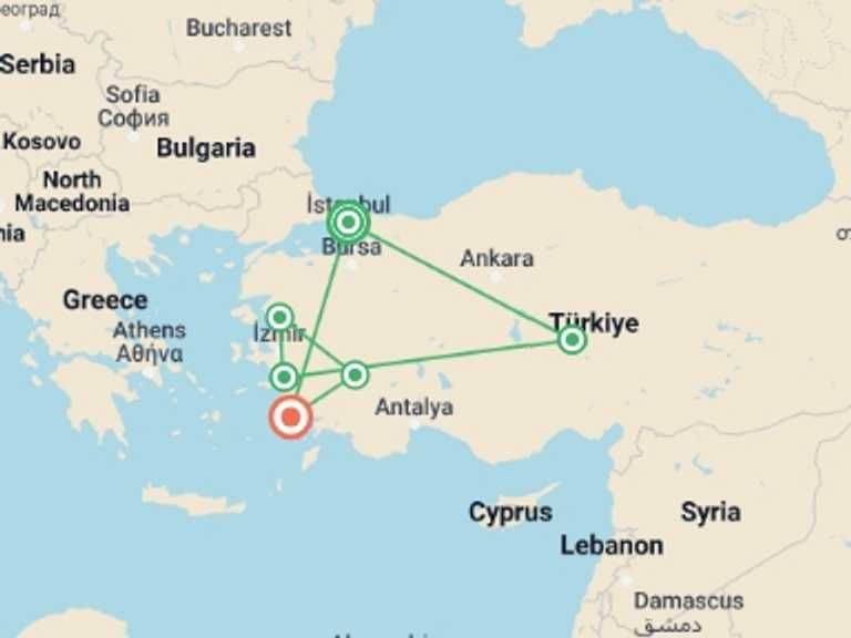 Map of Istanbul Cultural, religious and historic sites Tour with 7 destination visits for the trip: 13-Day Magical Turkey Tour