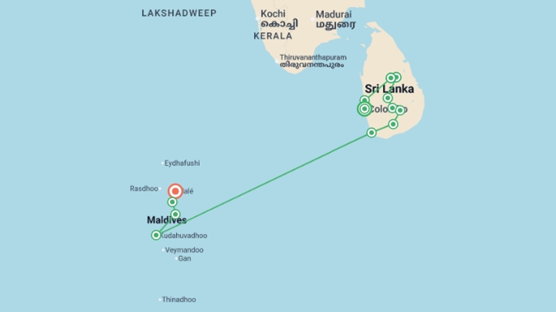 A map showing the tour itinerary for the trip: Family Sri Lanka and Maldives Adventure, starting in Colombo, Sri Lanka and ending in Male, Maldives going through 10 other destinations.