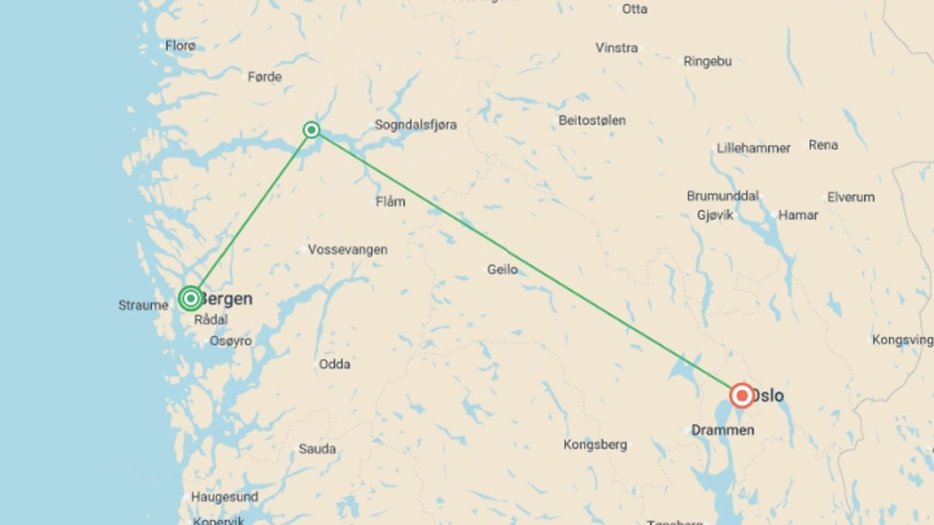 A map showing the tour itinerary for the trip: Picturesque Solo Norwegian Fjords Tour, starting in Bergen, Norway and ending in Oslo, Norway going through 1 other destinations.