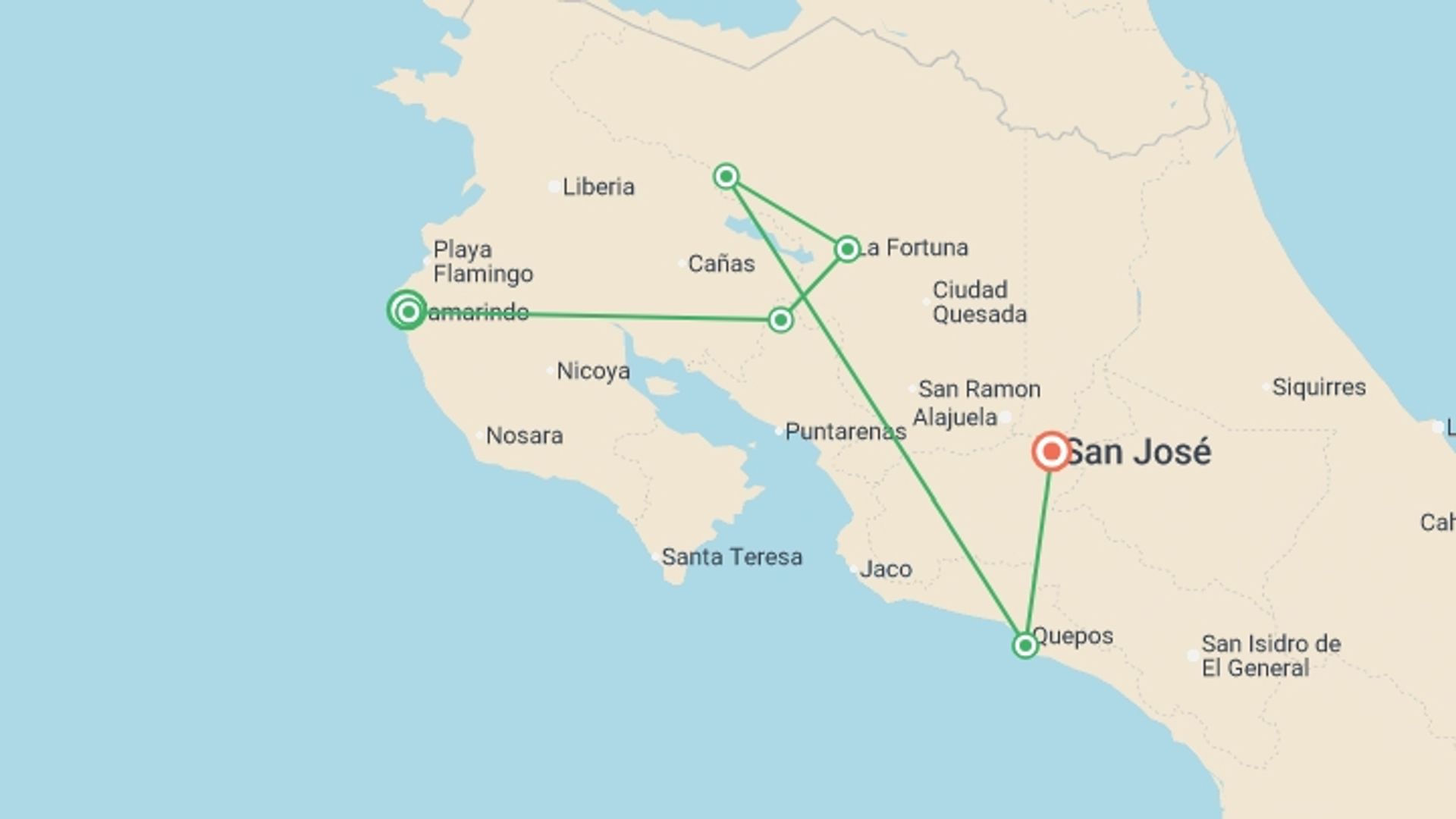 A map showing the tour itinerary for the trip: Costa Rica: See & Experience it all in 11 days, starting in Tamarindo Beach, Costa Rica and ending in San Jose, Costa Rica going through 5 other destinations.