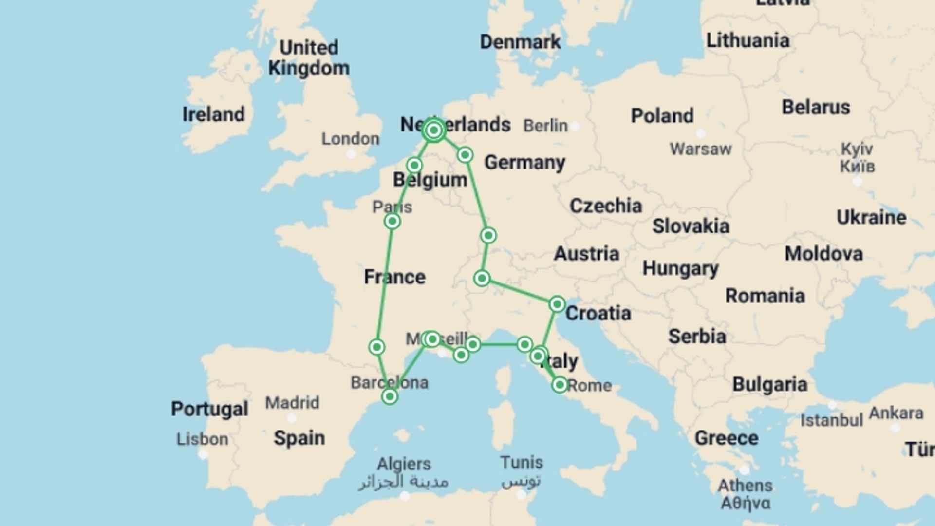 A map showing the tour itinerary for the trip: Europe Explorer, starting in Amsterdam, Holland and ending in Amsterdam, Holland going through 10 other destinations.