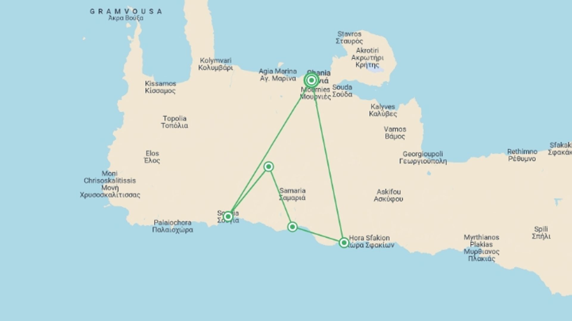 A map showing the tour itinerary for the trip: Crete: Mountains and Coast, starting in Chania, Greece and ending in Chania, Greece going through 4 other destinations.