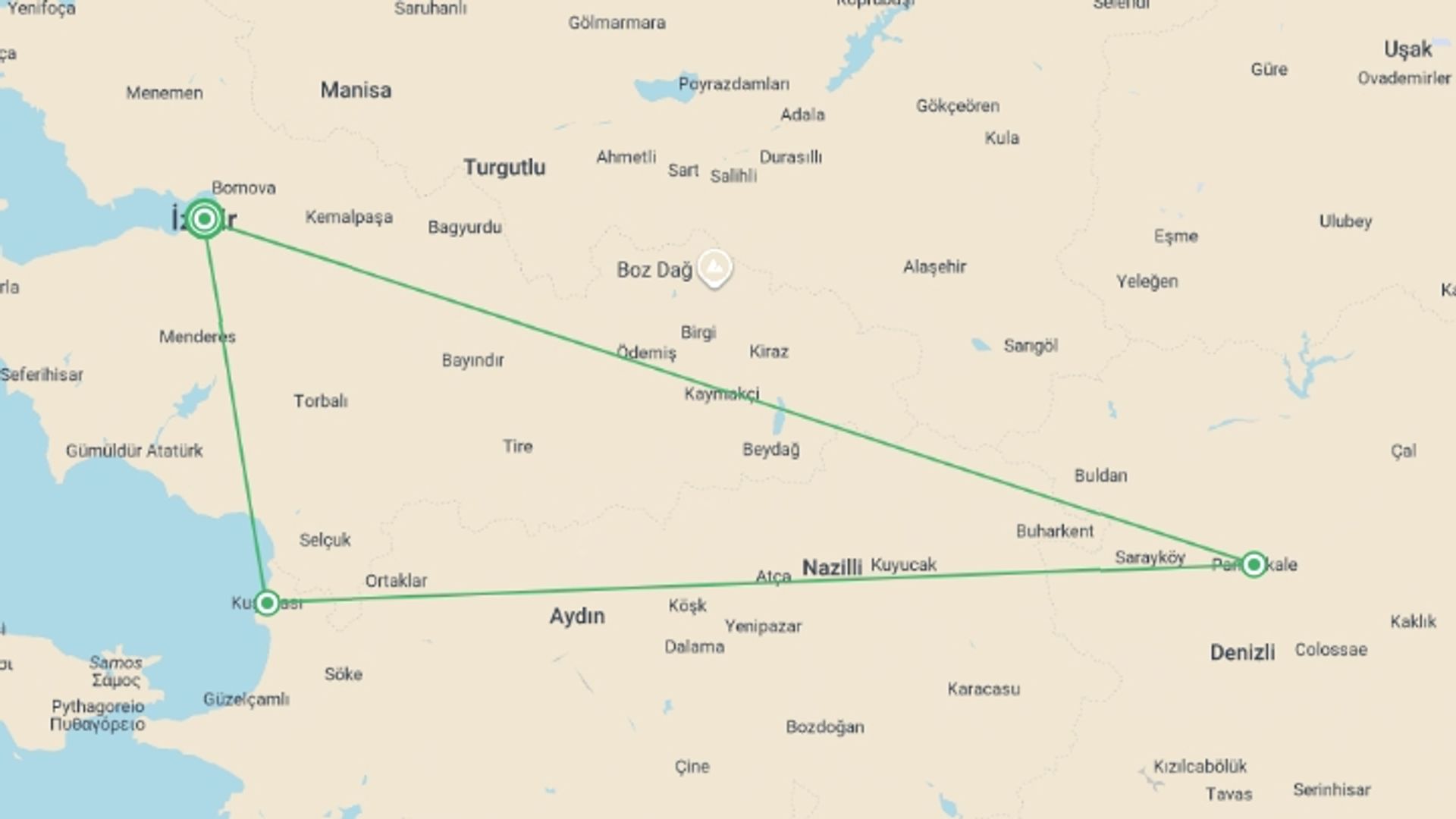 A map showing the tour itinerary for the trip: Kusadasi Essentials – 3 Days With Ephesus & Pamukkale Tours, starting in Izmir, Turkey and ending in Izmir, Turkey going through 2 other destinations.