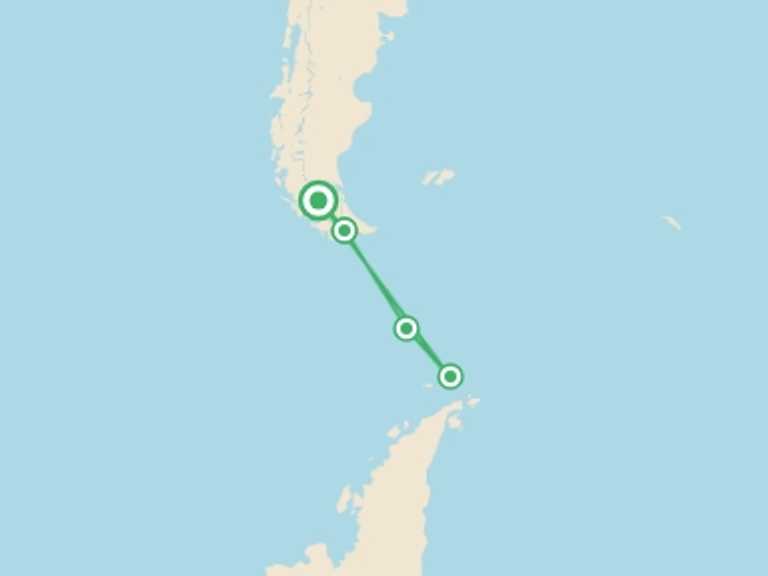 Map itinerary of Chile Tour in January 2027 with 5 destination visits for the trip: Antarctic Express: Cruise South, Fly North