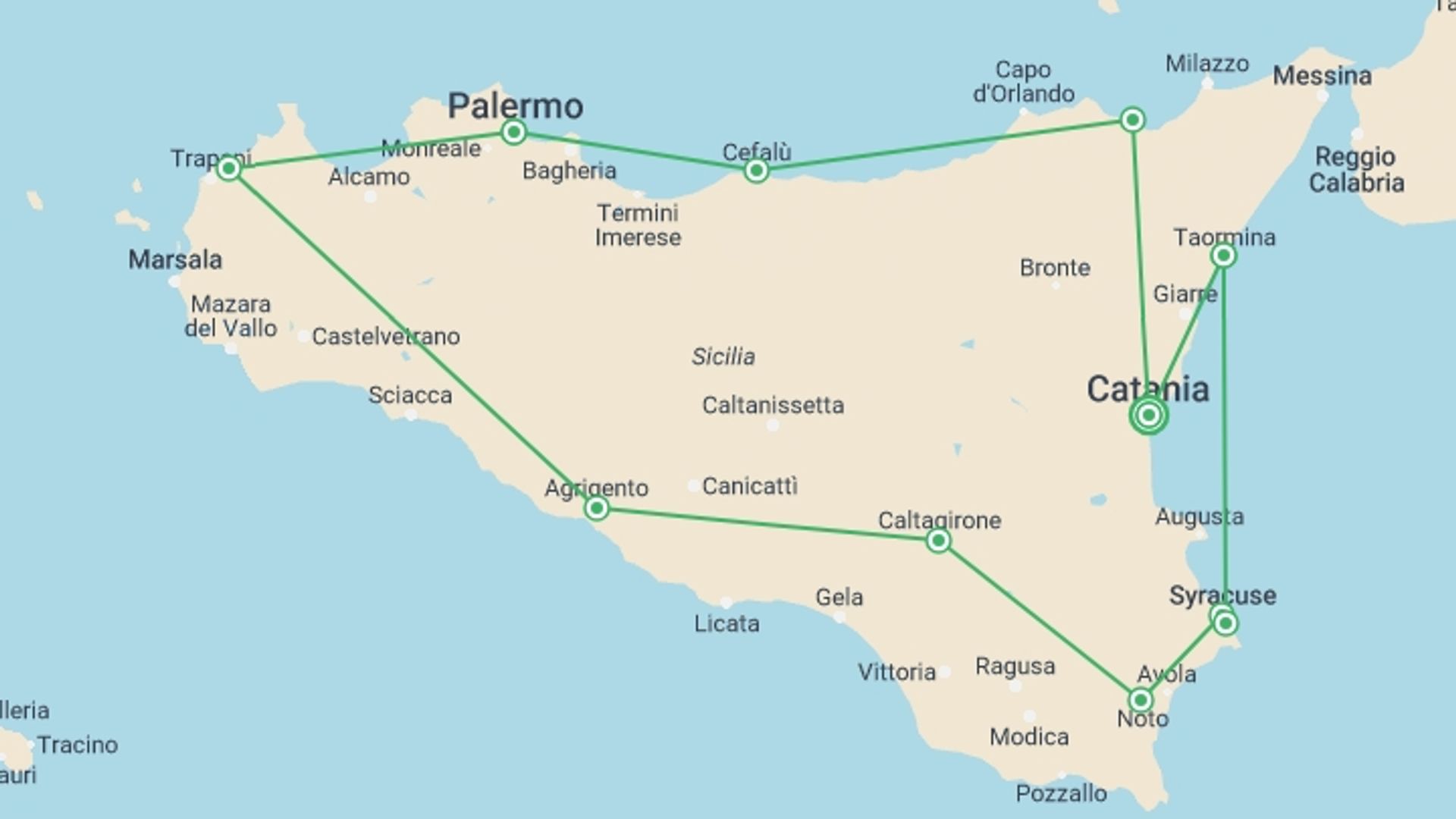 A map showing the tour itinerary for the trip: Sicily Art, Food & Wine Tour, starting in Catania, Italy and ending in Catania, Italy going through 4 other destinations.