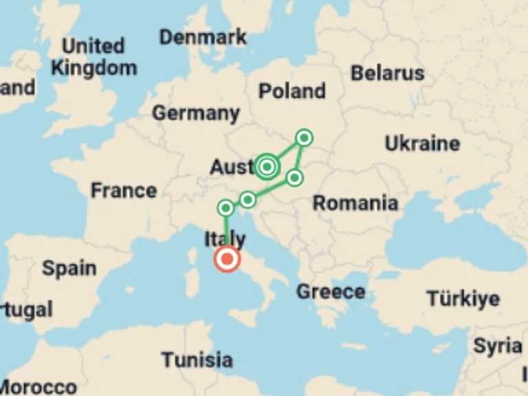 Map itinerary of Mediterranean Tour in June 2026 with 6 destination visits for the trip: Vienna to Rome Trail