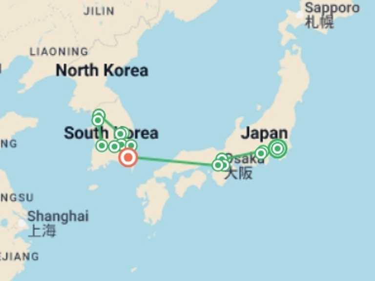 Map of Asia Tour with 8 destination visits for the trip: Essential Japan and Complete Korea