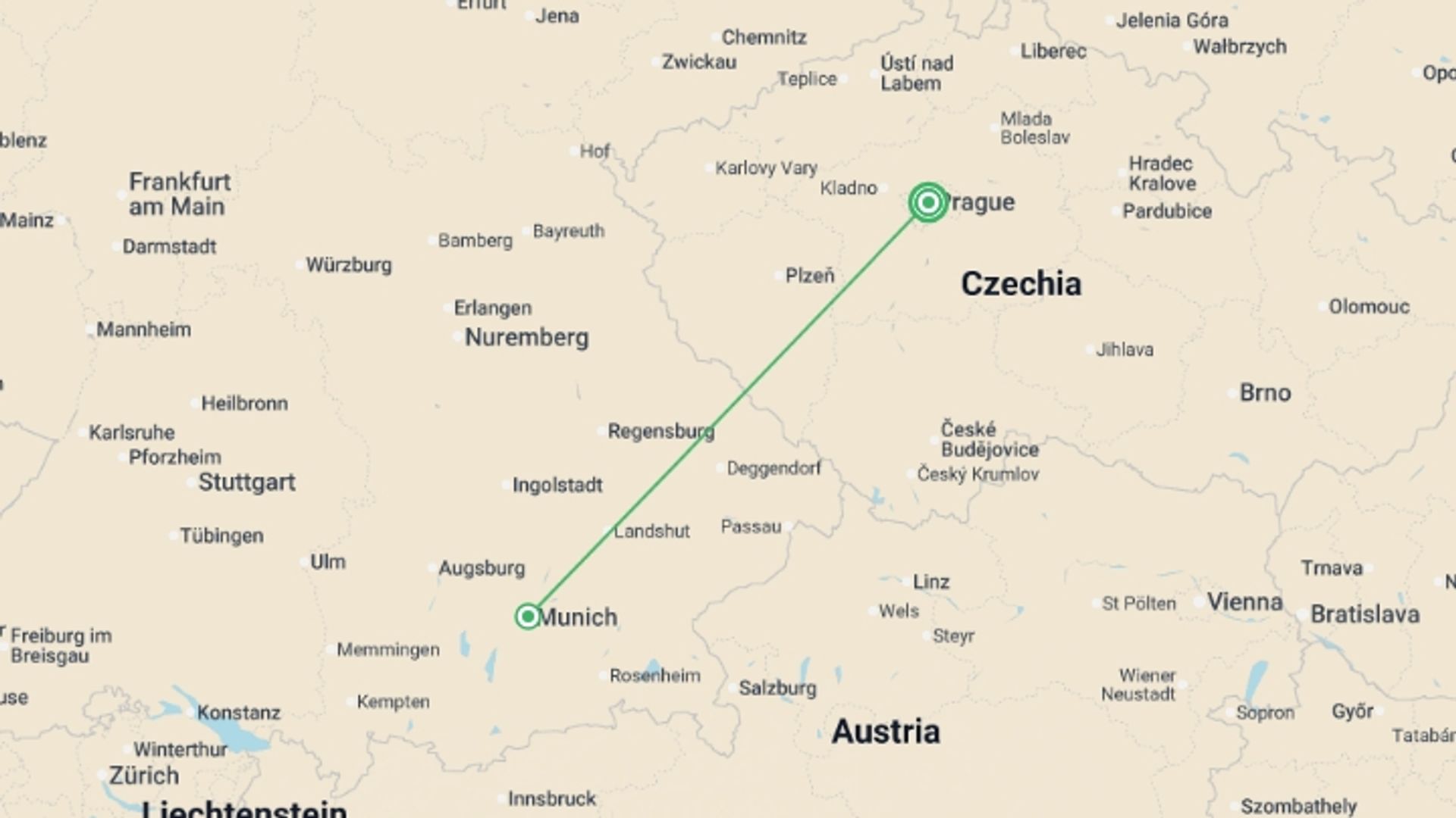A map showing the tour itinerary for the trip: The Magic of Czechia, starting in Prague, Czech Republic and ending in Prague, Czech Republic going through 1 other destinations.