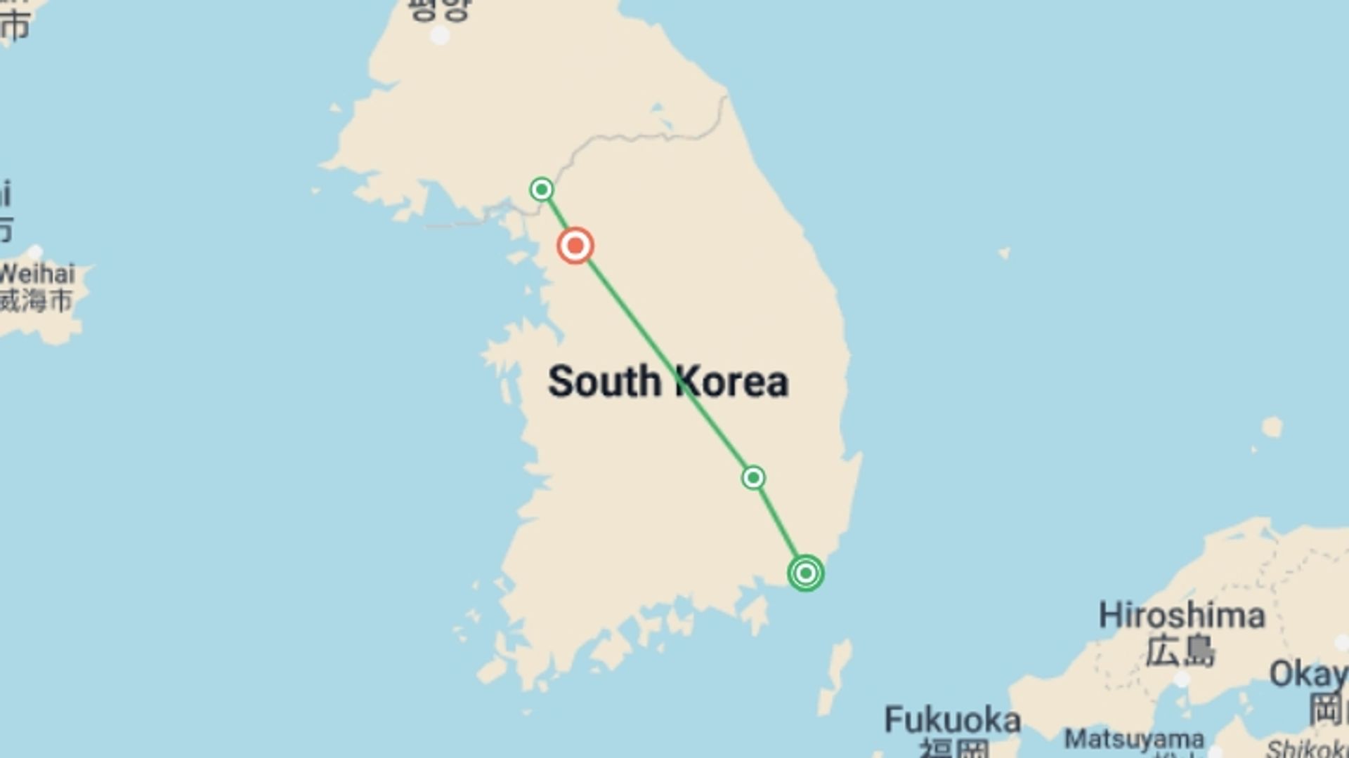A map showing the tour itinerary for the trip: Shining South Korea, starting in Busan, South Korea and ending in Seoul, South Korea going through 1 other destinations.