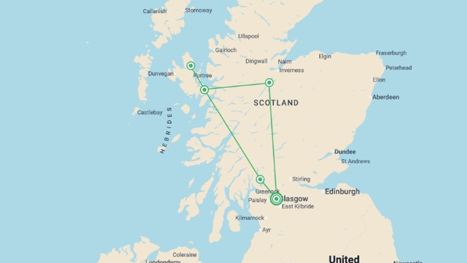 A map showing the tour itinerary for the trip: Glasgow to Skye & Loch Ness - 3 days, starting in Glasgow, Scotland and ending in Glasgow, Scotland going through 1 other destinations.