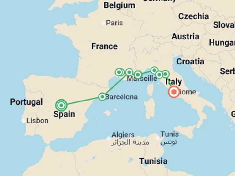 Map of France and Spain Tour with 7 destination visits for the trip: Mediterranean Highlights