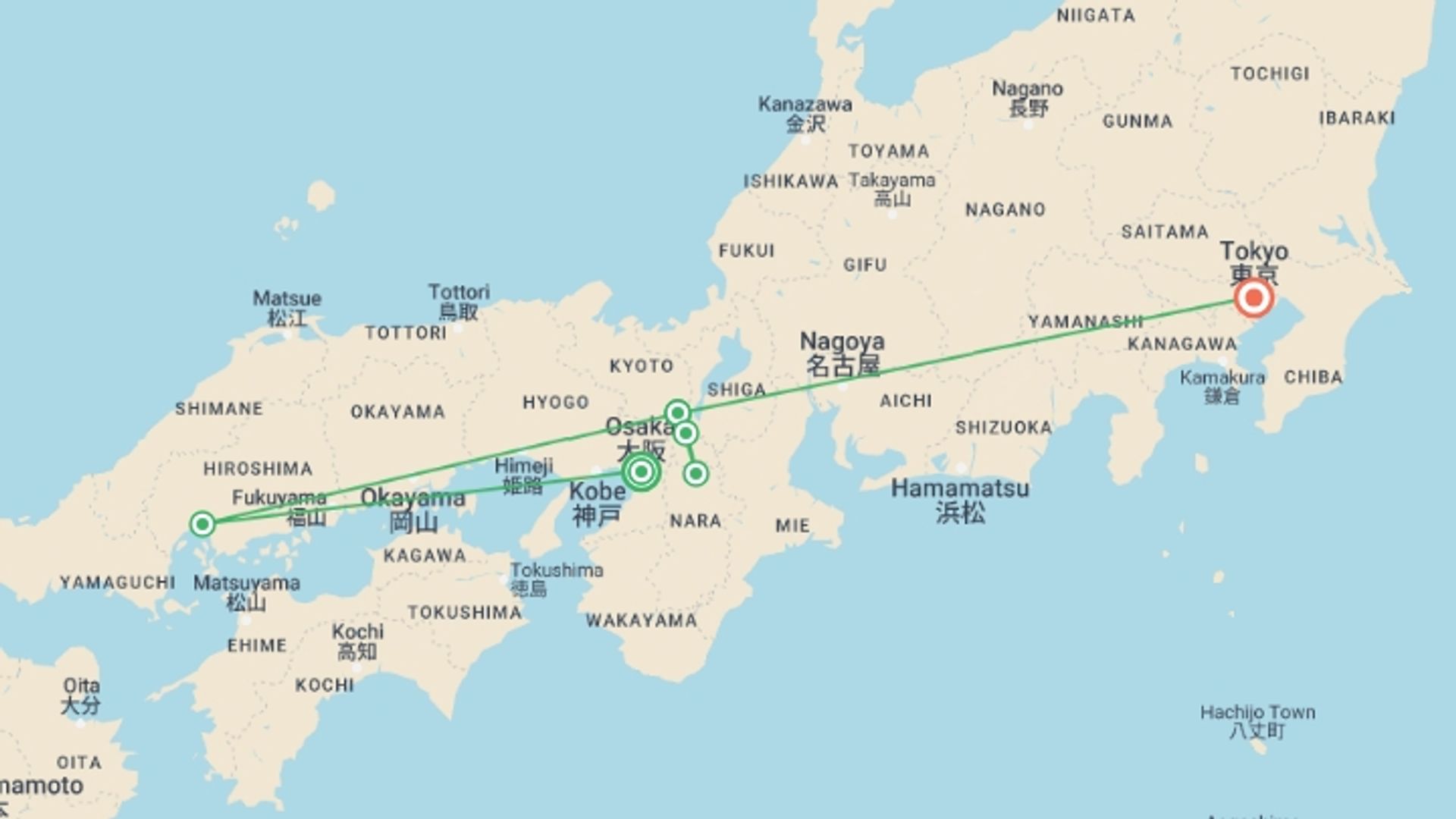 A map showing the tour itinerary for the trip:  Best Japan Tour:  Rich Traditional Experiences, starting in Osaka, Japan and ending in Tokyo, Japan going through 3 other destinations.