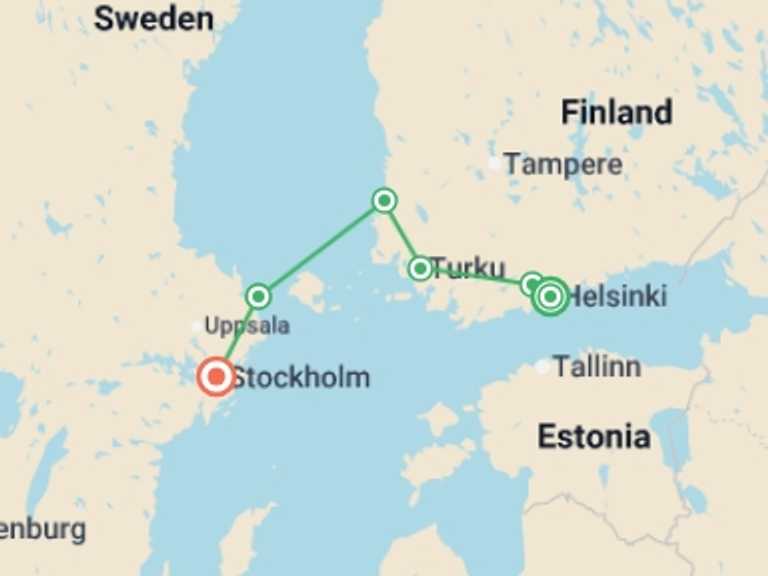 Map itinerary of Europe Tour in Fall with 6 destination visits for the trip: Walking in Finland and Sweden