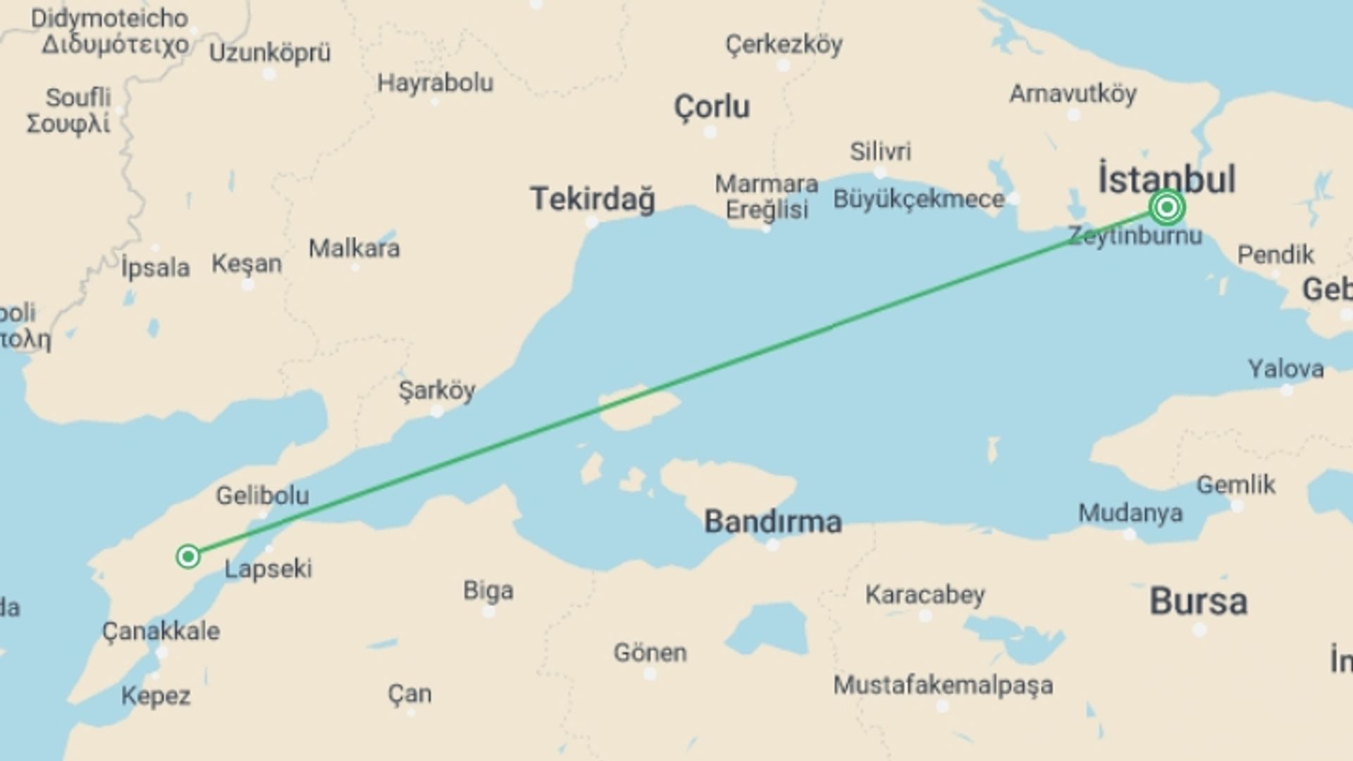 A map showing the tour itinerary for the trip: Gallipoli and Troy Private Tour, starting in Istanbul, Turkey and ending in Istanbul, Turkey going through 0 other destinations.