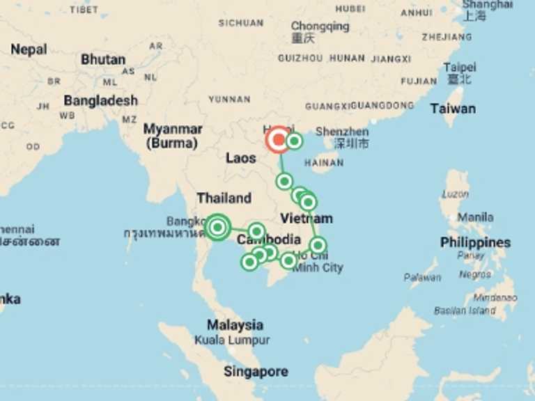 Map itinerary of Hanoi Tour in July 2027 with 13 destination visits for the trip: Cambodia to Vietnam: Night Markets & Noodle-Making