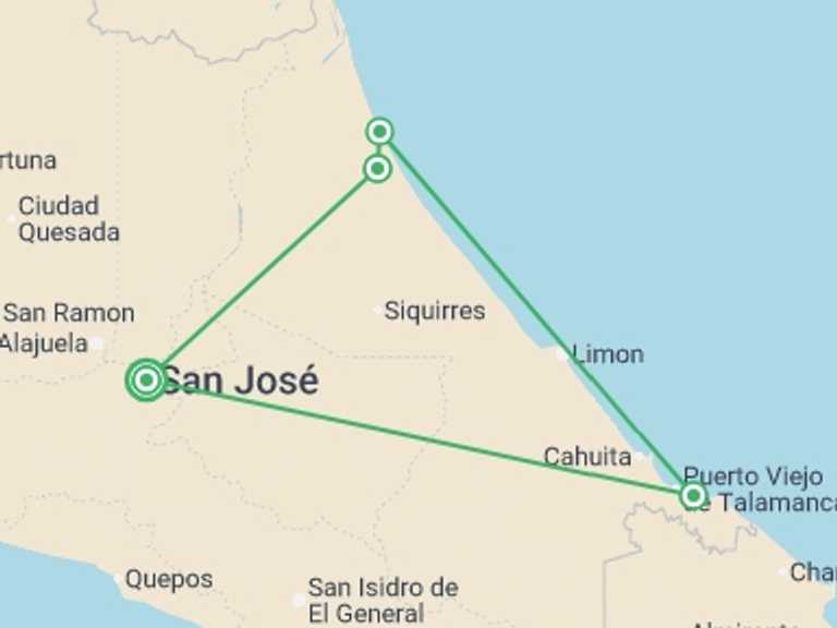 Map itinerary of Costa Rica Tour in Summer with 4 destination visits for the trip: Premium Costa Rica: Tortuguero and Caribbean Coast
