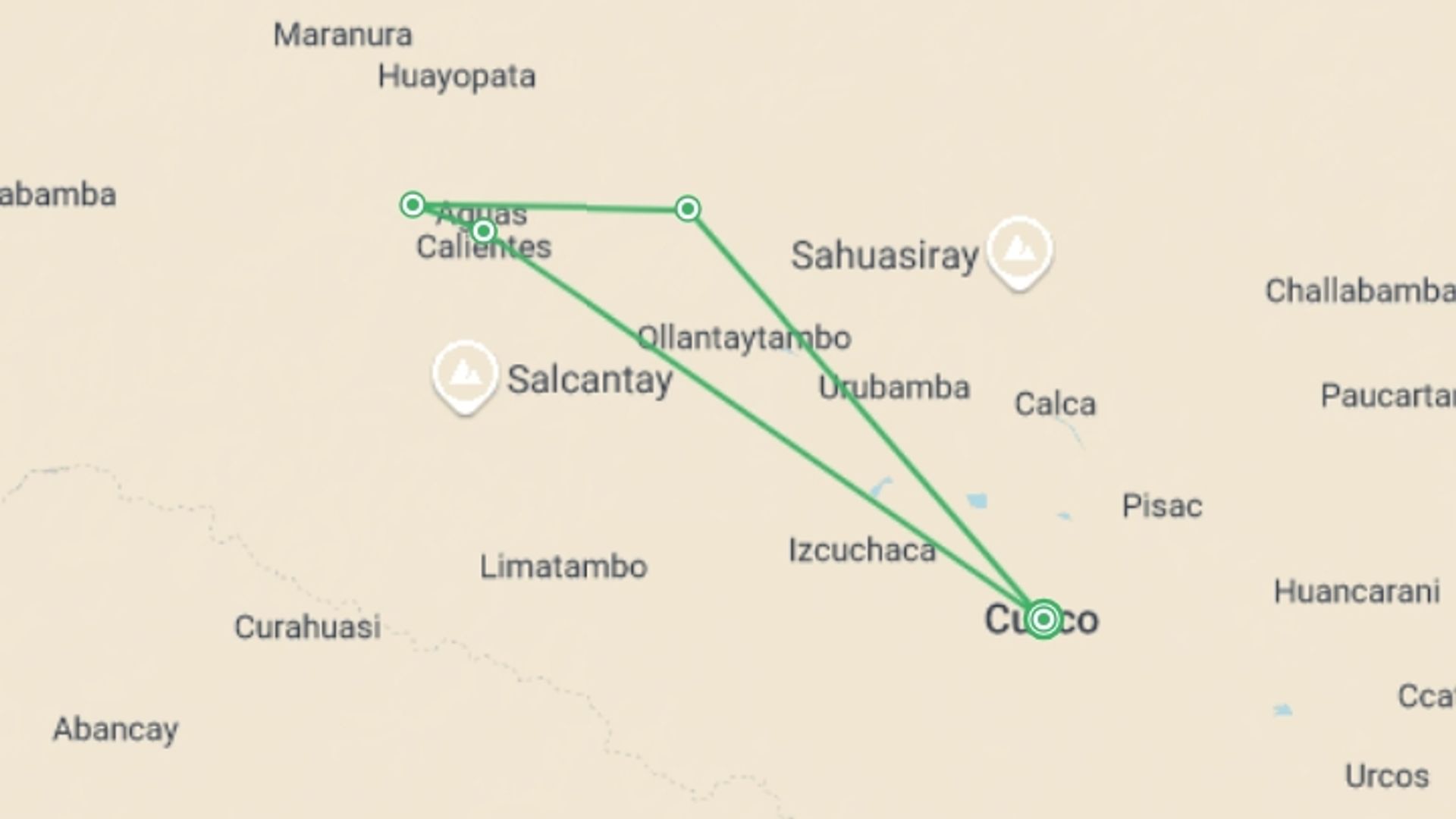 A map showing the tour itinerary for the trip: Three-Day Inca Jungle Trail to Machu Picchu, starting in Cusco, Peru and ending in Cusco, Peru going through 2 other destinations.