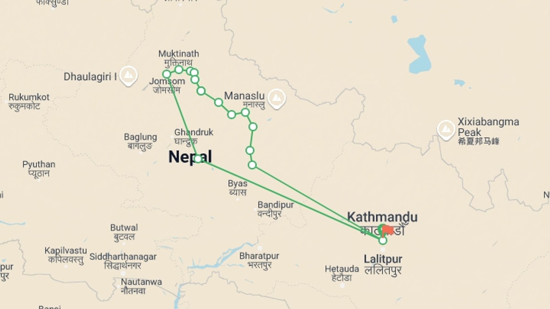 A map showing the tour itinerary for the trip: Annapurna Circuit trek , starting in Kathmandu, Nepal and ending in Kathmandu, Nepal going through 12 other destinations.