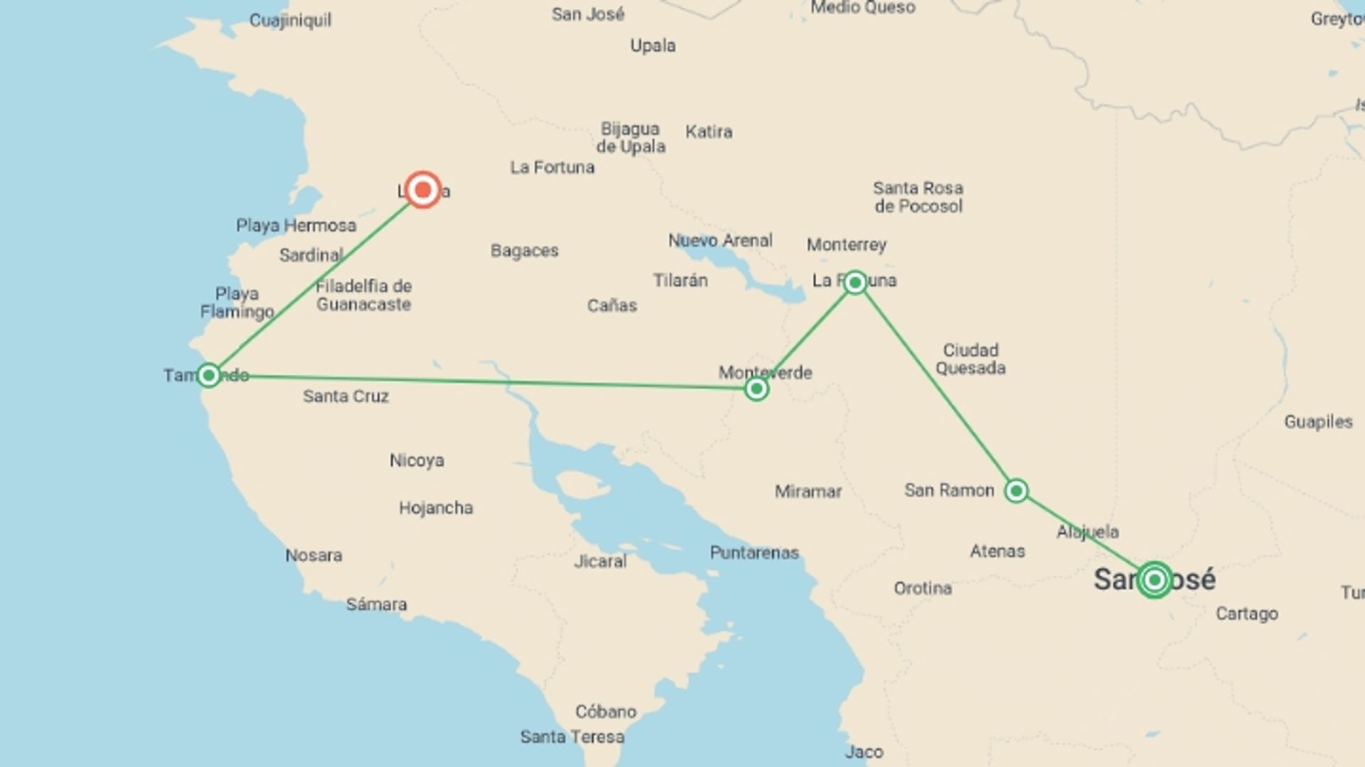 A map showing the tour itinerary for the trip: Costa Rica Rainforest - Small Group, starting in San Jose, Costa Rica and ending in Liberia City, Costa Rica going through 4 other destinations.