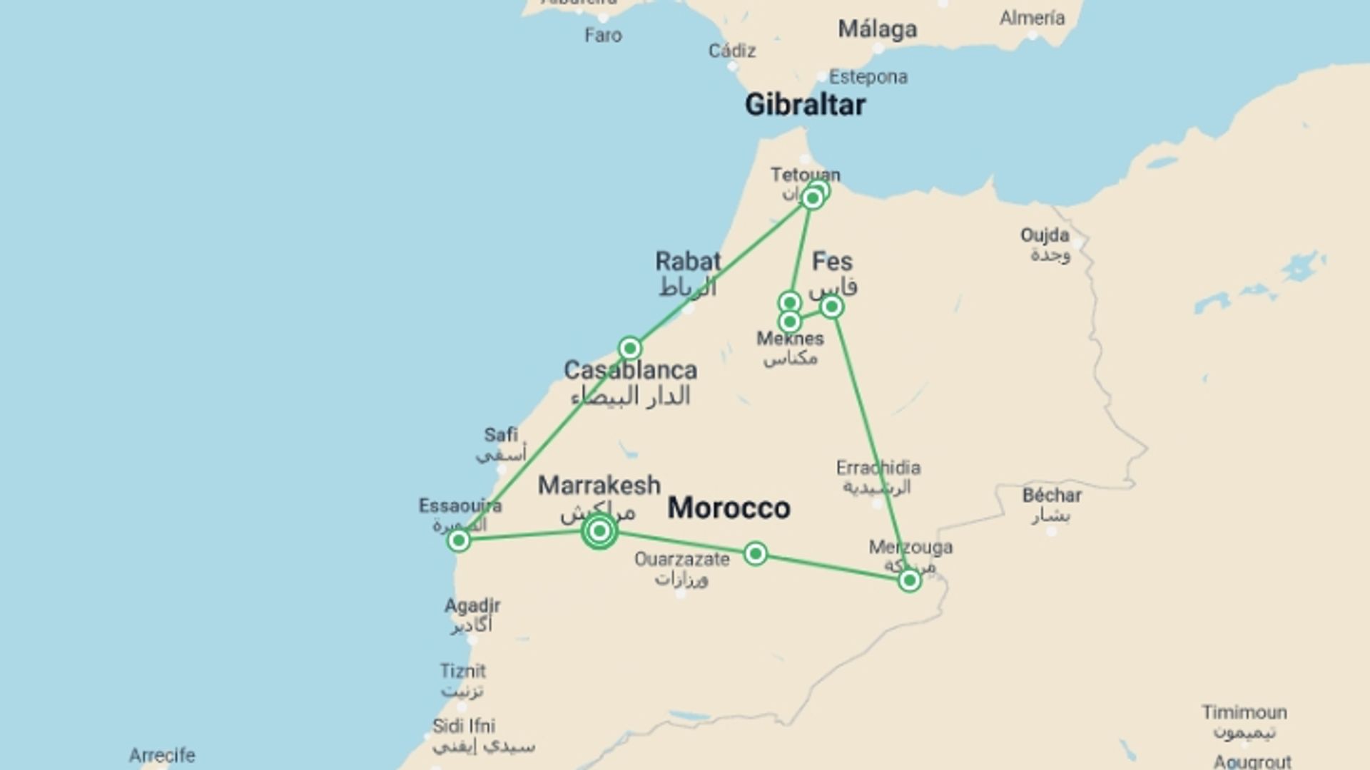 A map showing the tour itinerary for the trip: 11 Days Tour from Marrakech - Sahara, Fes, & Chefchaouen, starting in Marrakech, Morocco and ending in Marrakech, Morocco going through 7 other destinations.
