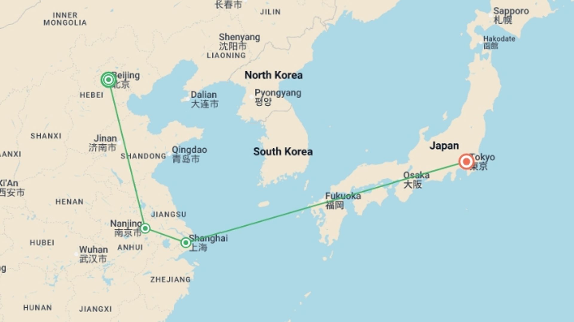 A map showing the tour itinerary for the trip: Asiatic Triangle, starting in Beijing, China and ending in Tokyo, Japan going through 2 other destinations.