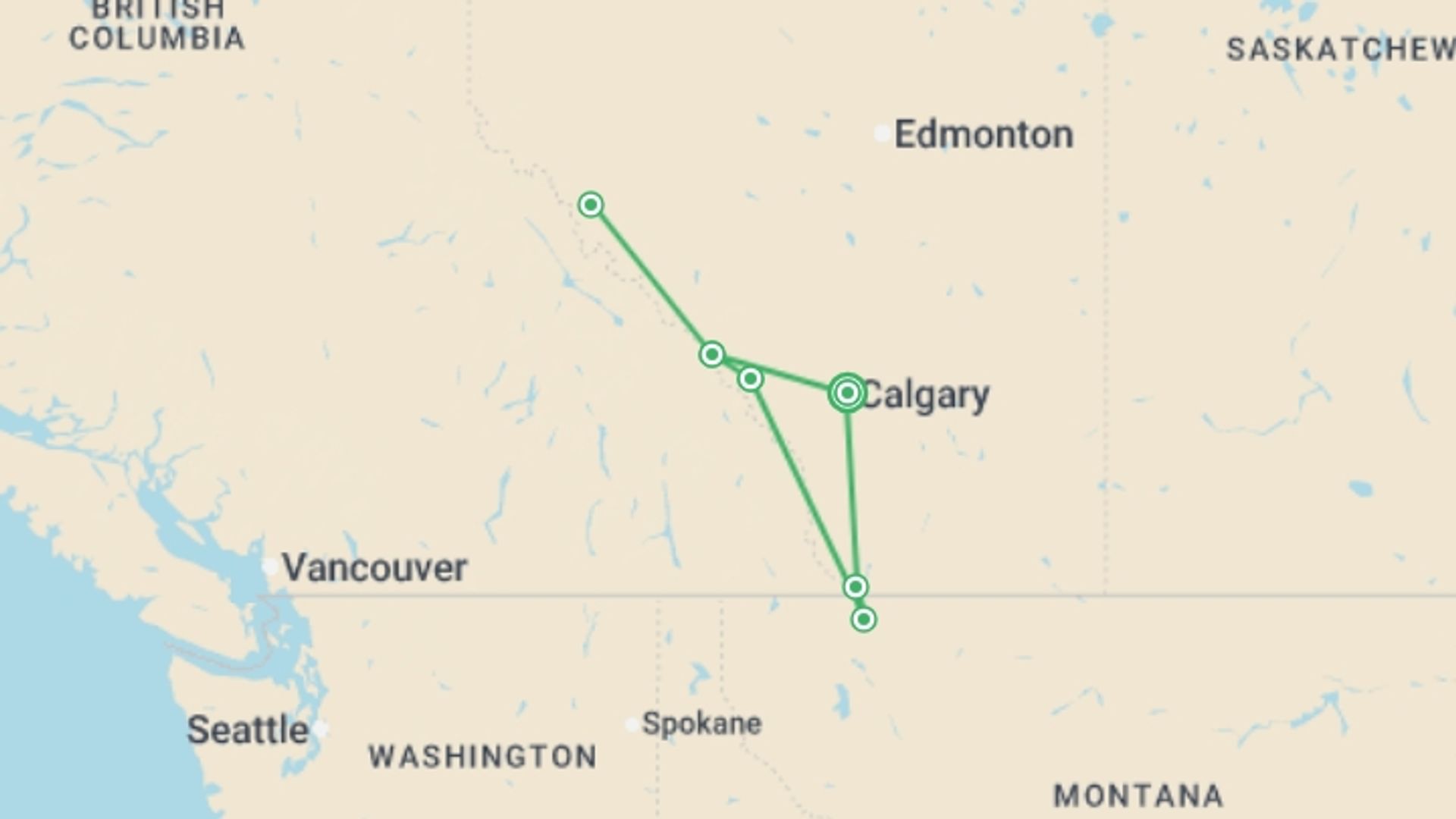 A map showing the tour itinerary for the trip: Secrets of the Rockies and Glacier National Park, starting in Calgary, Canada and ending in Calgary, Canada going through 5 other destinations.