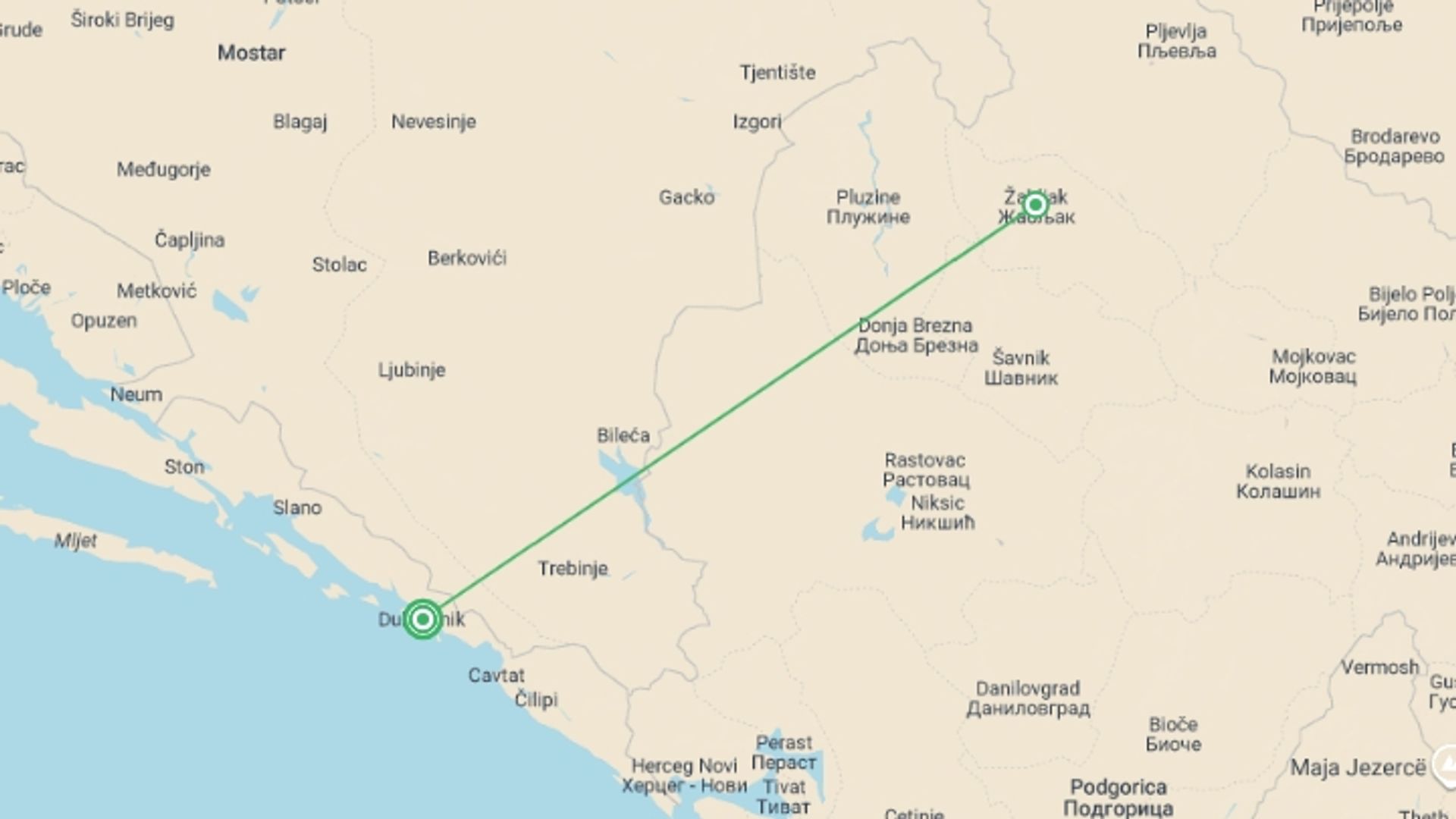 A map showing the tour itinerary for the trip: Croatia & Montenegro: Hike, Bike & Raft, starting in Dubrovnik, Croatia and ending in Dubrovnik, Croatia going through 1 other destinations.